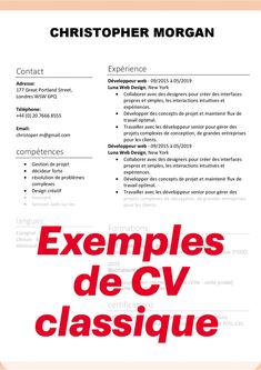 a professional resume with the words examples de cv classique written in red on it