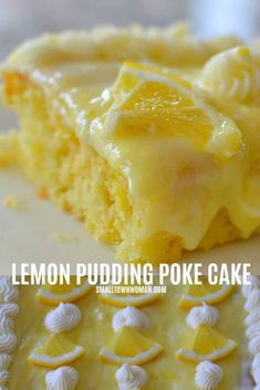 lemon pudding poke cake with icing on top