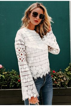 Timelessly chic. ourWhite Floral Lace Long Sleeve Blouse Top will be your go-to for any occasion.Boasting white lace overlay in afeminine floral pattern. team this lovely women's blouse withdenim anda pair of sunnies and statement earringsto look instantly party-ready. Machine Wash Cold. Dry Flat Long Sleeves 60% Acrylic and 40% Polyester No Closures Old Texture, Lace Blouse Long Sleeve, Trumpet Sleeve, Lace Long Sleeve, Women Hoodies Sweatshirts, Short Sleeved Sweaters, Lace Overlay, Dress Romper, Blouse Top