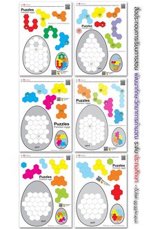 four pieces of puzzle board with different colors and shapes on them, including the numbers