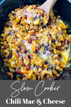 slow cooker chili mac and cheese recipe in a skillet