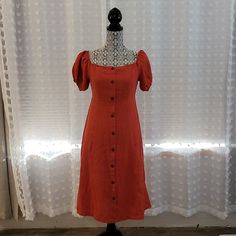 Linen Short Sleeve Button Front Dress In Trendy Burnt Orange. Perfect For A Day At The Beach, Match It With A Straw Hat And Purse Dresses Short Sleeve, Tree Dress, Love Tree, Button Front Dress, Linen Short, Day At The Beach, Straw Hat, Burnt Orange, At The Beach