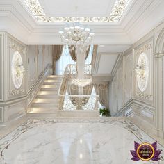 an elegant living room with chandelier and marble flooring is featured in this image