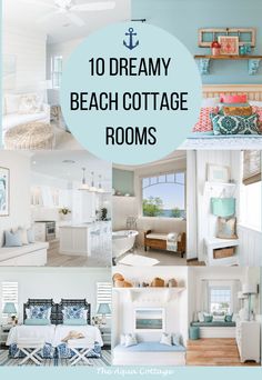 the top ten beach cottage rooms in this postcard collage are all white and blue