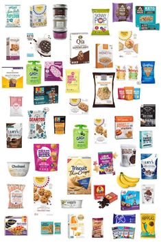 a collage of different types of food and snacks on a white background with the words,