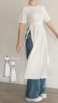 Dresses With Jeans Outfit, Dress Sewing Designs, Jeans Over Dress, Outfits With Patterns, T Shirt Pattern Sewing, Jeans And Dress Outfit, Cool Dresses Casual, Dress On Jeans, Dress With Jeans Outfit