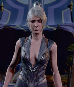 an animated woman with silver hair and leather outfit