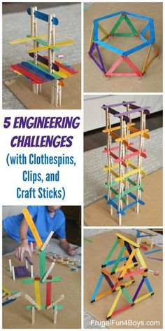 the instructions for building wooden clothes pins and craft sticks with text overlay reading 5 engineering challenges with clothespins, clips, and craft sticks