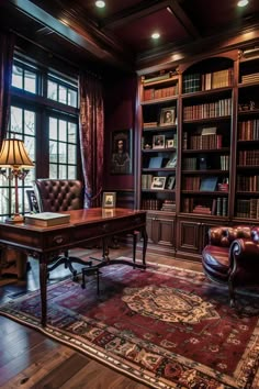 a room with a desk, chair and bookshelf full of bookcases