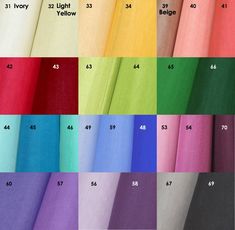 various colors of fabric with the numbers in each color and number for each item to be sold