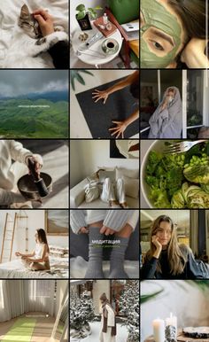 the collage shows many different pictures with women in white clothing and green plants on them