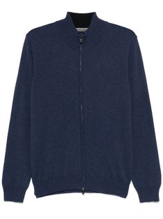 navy blue virgin wool-cashmere blend knitted construction front two-way zip fastening stand-up collar long sleeves ribbed cuffs and hem Statement Shirt, Balenciaga Triple S, Knitwear Men, Dress Watch, Custom Watch, Short Suit, Knitwear Cardigan, Sweaters Knitwear, Zip Up