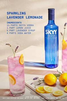 an advertisement for sky vodka with lemons and lavender in the glass next to it