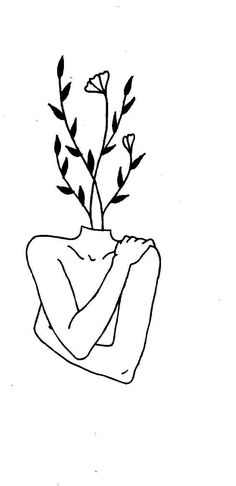 a black and white drawing of a person laying down with a plant in their lap