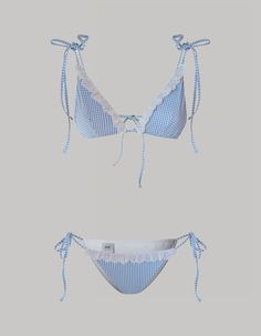 The Sophie bikini is an exquisite fusion of contemporary allure and playful elegance. The triangle bikini top and adjustable low-rise bottoms showcase a mesmerizing blue gingham pattern, adorned with Sangallo ribbon lace details. Expertly crafted from our luxurious Vichy print stretch ribbed fabric, this bikini guarantees a flattering silhouette with its padded bra for comfort. The Sophie bikini effortlessly combines fashion-forward design with classic femininity for a summer style statement. Senior Trip Outfits, Gingham Outfit, Unique Bikinis, Gingham Pattern, Summer Lookbook, The Triangle, Cute Swimsuits, Swim Wear, Printed Swim