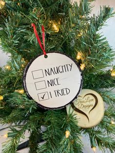 a christmas ornament hanging from the top of a tree