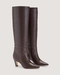 The Knee-High Banana Heel Boot Dark Brown – Everlane Chocolate Brown Boots, 2024 Clothes, Dark Brown Boots, Heel Boot, Nappa Leather, Brown Boots, Chocolate Brown, Knee High Boots, Leather Boots