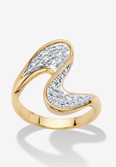 This statement-making ring is crafted in a contemporary free-form style that lengthens the finger in a graceful wave silhouette, while sparkling with glittering diamond accents and pave-styling. Lavishly plated in 14k gold. Sizes 6-10.FABRIC: 14k Gold-Plated, SilvertoneMain Stone: 2 Round Faceted Cut Genuine Diamonds, .02 carat total weight, 1.2 mm x 1.2 mm, Cut: Single Cut, Color: JK, Clarity: I3-I4Dimensions: 21.5 mm wide x 20 mm long x 6 mm highIncludes gift box and drawstring pouch available Ring Side View, Wave Silhouette, Freeform Ring, Mobius Ring, Form Style, Ladies Rings, Fashion Forms, Bypass Ring, Luxury Jewellery