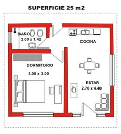 the floor plan for a small apartment with two bedroom and living room, in red