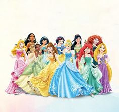 there are many princesses standing together in this picture