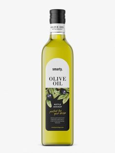 an empty bottle of olive oil on a white background