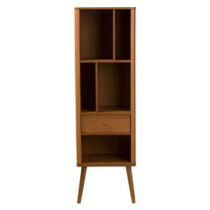 a tall wooden bookcase with drawers on one side and an open drawer on the other