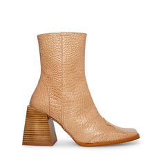 BURKE Tan Leather Embossed Ankle Bootie | Women's Booties – Steve Madden Boot Design, Women's Booties, Leather Boot, Designer Boots, Steve Madden Shoes, Embossed Leather, Ankle Booties, Mid Calf, Tan Leather