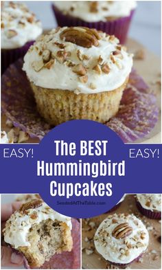 the best hummingbird cupcakes with white frosting and pecans