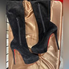 Brand New Never Worn Christian Louboutin Black Suede Thigh High/Over The Knee Boots 100% Authentic Size: 38.5 Eu Color: Black Great Deal. These Beauties Are Originally $3500.00+ Tax Usd Description Fabric: Suede Self-Covered Heel, 6.25"(160mm) Hidden Platform, 2"(50mm) Side Zip Leather Lining Padded Insole Almond Toe Signature Red Leather Sole "Monicarina" Is Made In Italy No Box Comes With 1 Large Boot Dust Bag **These Boots Have Never Been Worn. Model Wearing Boots Is From Another Listing To S Long Suede Boots, Designer Thigh High Boots For Evening, Fitted Boots With Red Sole For Night Out, Black Thigh High Platform Boots For Formal Occasions, Luxury Black Platform Boots For Night Out, Elegant Thigh High Platform Boots For Evening, Fitted Black Boots With Red Sole, Designer Fitted Boots With Red Sole, Black High Shaft Boots For Evening