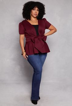 Short Sleeves, Puff Sleeves, Plunge, Peplum Top, Solid, Open Front , Scuba, Item Number 1912062123500 Item Number, Puff Sleeves, Peplum Top, Puff Sleeve, Short Sleeves, Plus Size