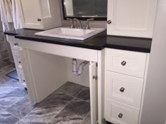 a white sink sitting under a mirror in a bathroom next to a counter with drawers