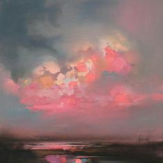 an abstract painting of pink and purple clouds in the sky over a body of water