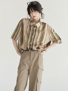 ❤2wey sleeve nuanced stripe shirt❤︎ Stripe T Shirt, Sheer Stripe Shirt, Oversized Striped Shirt With Button Closure, Oversized Striped Button-up Top, Oversized Striped Button-up Blouse, Retro Striped Button-up Shirt, Indie Fits, Outfits With Striped Shirts, Shirt Tucked In