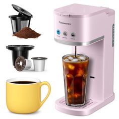 a pink coffee maker next to a cup of coffee and two cups with different types of drinks