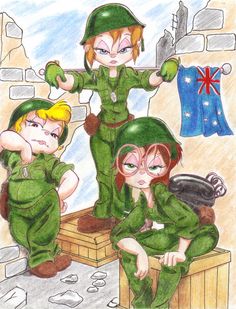 some very cute cartoon characters in green uniforms with flags on the wall and an australian flag behind them