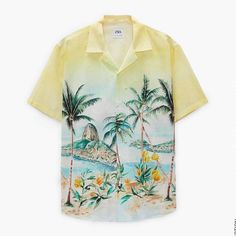 Nwt Zara Man Palm Tree Relaxed Fit Shirt Size Xl Casual Yellow T-shirt For Vacation, Printed Yellow T-shirt For Vacation, Yellow Printed T-shirt For Vacation, Yellow Cotton Hawaiian Shirt With Floral Print, Yellow Printed Short Sleeve Hawaiian Shirt, Yellow Printed Beach Shirt, Yellow Hawaiian Shirt With Camp Collar For Spring, Yellow Camp Collar Hawaiian Shirt For Spring, Yellow Floral Print Hawaiian Shirt For Summer