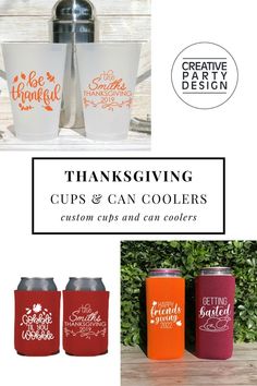 the thanksgiving cups and can coolers are on display