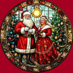 santa and mrs claus standing in front of a stained glass window with christmas decorations on it