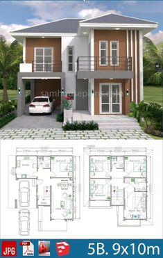 two story house plan with 3 bedroom and 2 bathrooms on each floor, in the middle of