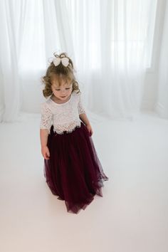 Wine Tulle Two Piece High Waist Tutu Skirt, Maroon Romantic Lace Flower Girl Dress, Boho Beach Wedding, Crochet, Bohemian, Burgundy, Plum by NicolettesCouture on Etsy https://www.etsy.com/listing/709766061/wine-tulle-two-piece-high-waist-tutu White Scalloped Lace Skirt, Fitted White Lace Dress With Tulle Skirt, White Fitted Lace Dress With Tulle Skirt, White Lace Dress With Lace Bodice For Dress-up, White Lace Patchwork Skirt For Wedding, White Wedding Skirt With Lace Patchwork, Wedding Lace Sets With Lace Trim, Lace Flower Girl Dress, Long Sleeve Wedding Gowns