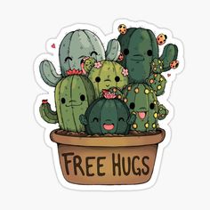 a potted plant with some cute little cacti in it and the words free hugs