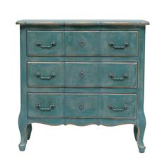 an old blue dresser with drawers and knobs on the bottom drawer, isolated against a white background