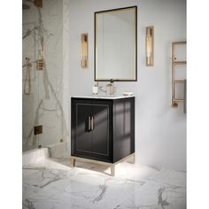 a bathroom with marble flooring and walls, including a black vanity sink and gold framed mirror