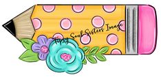 a drawing of a pencil with flowers and polka dots on the cover, as well as a flower