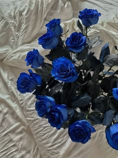 a bouquet of blue roses sitting on top of a bed