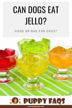 three different colored jellos in glass bowls on a green and white tablecloth