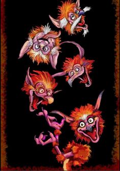 an image of some weird looking animals on a black background with red and orange colors