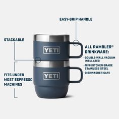 two yeti coffee mugs with their labels labelled in english and spanish, on a white background