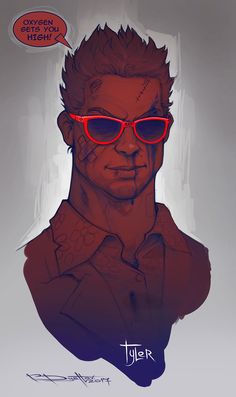 a drawing of a man wearing red glasses