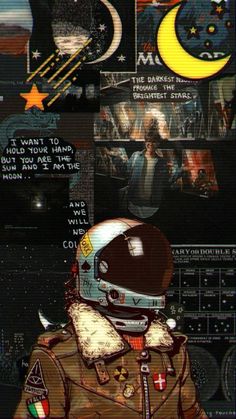 an image of a man wearing a helmet in front of some pictures and words on the wall